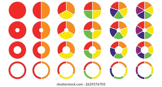 Conjunto de gráficos de pizza. Coleção de diagramas coloridos com seções ou etapas.  Ícones circulares para infográfico. Ilustração vetorial.