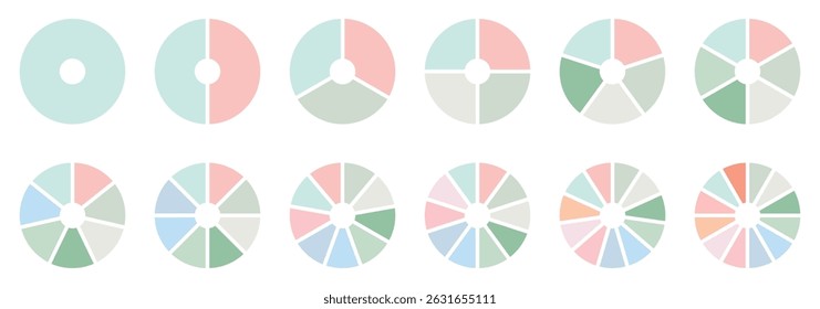 Conjunto de gráficos de pizza. Coleção de diagramas coloridos com 1,2,3,4,5,6 seções ou etapas. Ícones circulares para infográfico, IU, web design, apresentação de negócios. Ilustração vetorial.