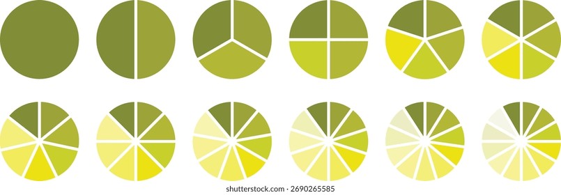 Conjunto de gráficos de pizza. Coleção de diagramas coloridos com seções ou etapas. 1,2,3,4,56,7,8,9,10,11,12 infográfico de segmento. Diagrama de gráfico de pizza circular. Conjunto de gráficos de pizza coloridos com segmentos variáveis. eps 10
