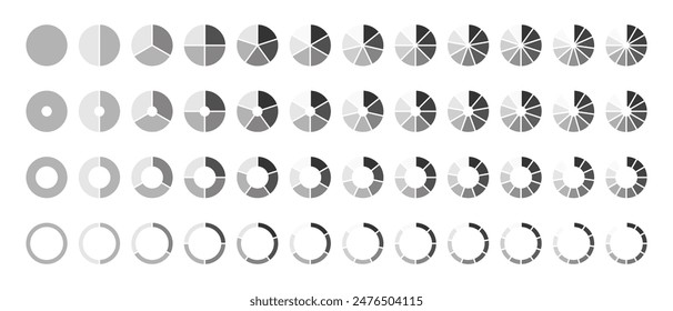Pie chart set. Diagram collection with sections or steps. Circle icons for infographic, UI, web design, business presentation. Vector illustration