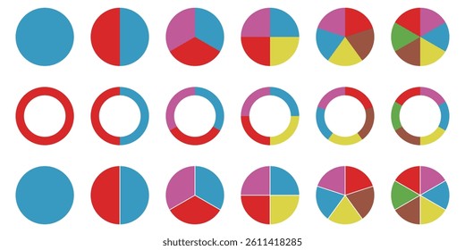 Pie chart set. Different color circles. Pie chart divided 1, 2, 3, 4, 5, 6, equal parts, donut and pie chart infographic elements, vector illustration. 