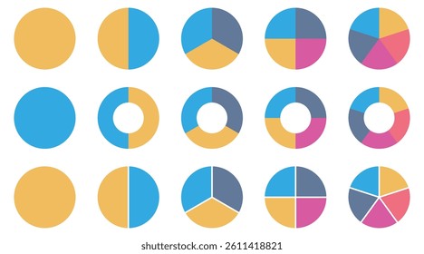 Pie chart set. Different color circles. Pie chart divided 1, 2, 3, 4, 5, equal parts, donut and pie chart infographic elements, vector illustration. 