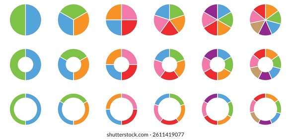 Pie chart set. Different color circles. Pie chart divided 1, 2, 3, 4, 5, 6, 7, 8, 9, 10, equal parts, donut and pie chart infographic elements, vector illustration. 