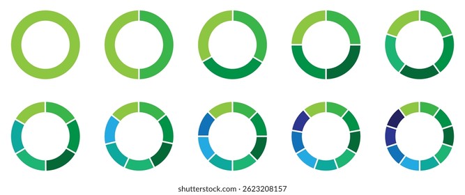 Pie chart set. Different color circles. Pie chart divided 1, 2, 3, 4, 5, 6, 7, 8, 9, 10, equal parts. donut and pie chart infographic elements. Colorful diagram graphs. Circle section graph.