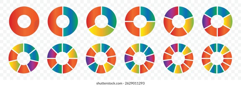 Pie chart set. Different color circles isolated. Colorful diagram collection. Pie chart for data analysis, business presentation, UI, web design. Infographic element round shape. Vector illustrator