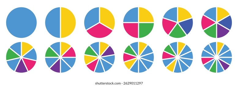 Pie chart set. Different color circles isolated. Colorful diagram collection. Pie chart for data analysis, business presentation, UI, web design. Infographic element round shape. Vector illustrator