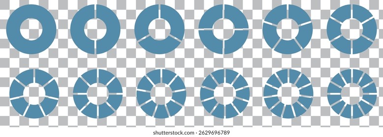 Conjunto de gráficos de pizza. Círculos de cor diferentes. Gráfico de pizza dividido 1, 2, 3, 4, 5, 6, 7, 8, 9, 10, 11, 12 partes iguais. donut e gráfico de pizza elementos infográficos. Gráficos de diagramas coloridos. Gráfico de seção de círculo.
