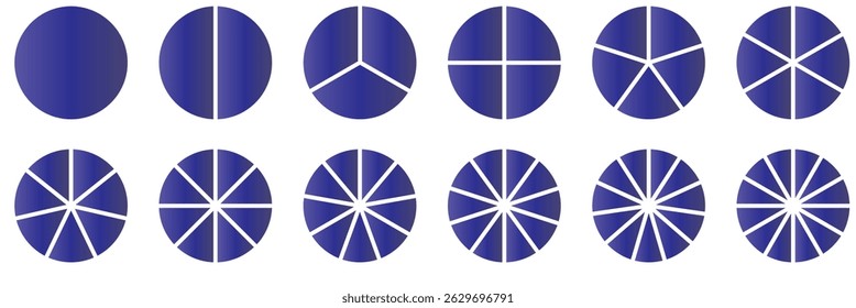 Pie chart set. Different color circles. Pie chart divided 1, 2, 3, 4, 5, 6, 7, 8, 9, 10, 11, 12 equal parts. donut and pie chart infographic elements. Colorful diagram graphs. Circle section graph.