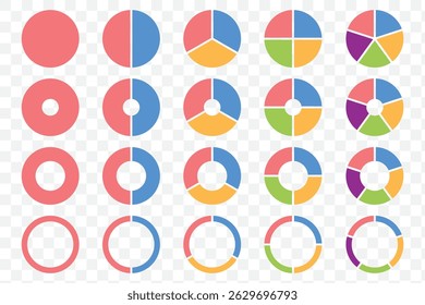 Pie chart set. Different color circles. Pie chart divided 1, 2, 3, 4, 5, 6, 7, 8, 9, 10, 11, 12 equal parts. donut and pie chart infographic elements. Colorful diagram graphs. Circle section graph.