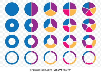 Pie chart set. Different color circles. Pie chart divided 1, 2, 3, 4, 5, 6, 7, 8, 9, 10, 11, 12 equal parts. donut and pie chart infographic elements. Colorful diagram graphs. Circle section graph.