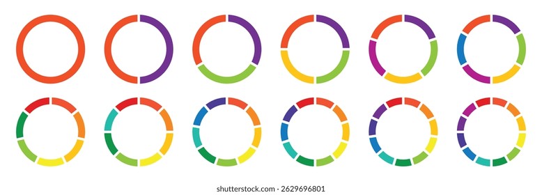 Pie chart set. Different color circles. Pie chart divided 1, 2, 3, 4, 5, 6, 7, 8, 9, 10, 11, 12 equal parts. donut and pie chart infographic elements. Colorful diagram graphs. Circle section graph.