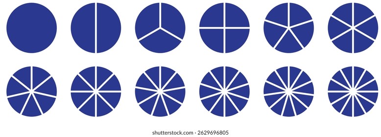 Pie chart set. Different color circles. Pie chart divided 1, 2, 3, 4, 5, 6, 7, 8, 9, 10, 11, 12 equal parts. donut and pie chart infographic elements. Colorful diagram graphs. Circle section graph.