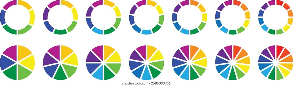 Pie chart set. Pie chart divided 1, 2, 3, 4, 5, 6, 7, 8, 9, 10, 11, 12 equal parts. Different color circles. donut and pie chart infographic elements. Colorful diagram graphs. Circle section graph.