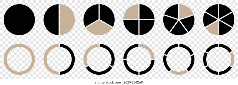 Conjunto de gráficos de pizza, Gráfico de pizza dividido 1,2,3,4,5,6 partes iguais. 