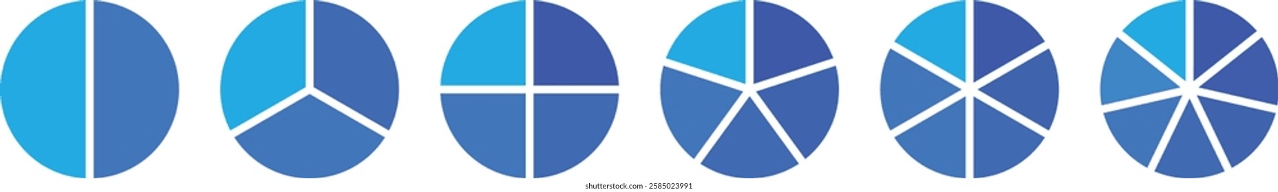 Pie chart set. Pie chart divided 2,3,4,5,6 equal parts. Circle section graph. Infographic wheel segment or sections parts. Infographic element round shape. Segmented circle icons. Vector illustration