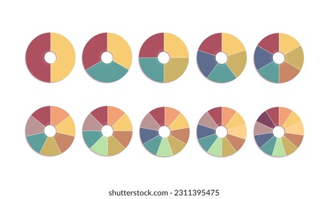 Pie chart set in flat vector design. Infographic circles or wheels made of multiple pieces and sectors. Round diagram or circlular graph collection.