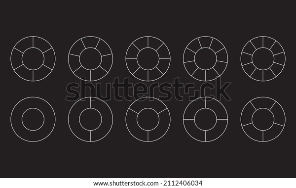 Pie chart set, icon. 2,3,4,5,6 segment\
infographic. Geometric element. Segment slice sign. phase, circular\
cycle, outline graphic. Circle section graph line, round diagram\
part. Vector illustration