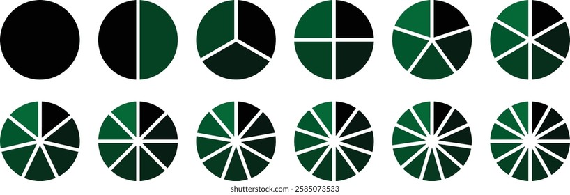 Pie chart set. Set of infographic circle chart. Circle section graph. Pie chart divided 1, 2, 3, 4, 5, 6, 7, 8, 9, 10 equal parts. pies segmented with equal parts. Infographic wheel segment or section