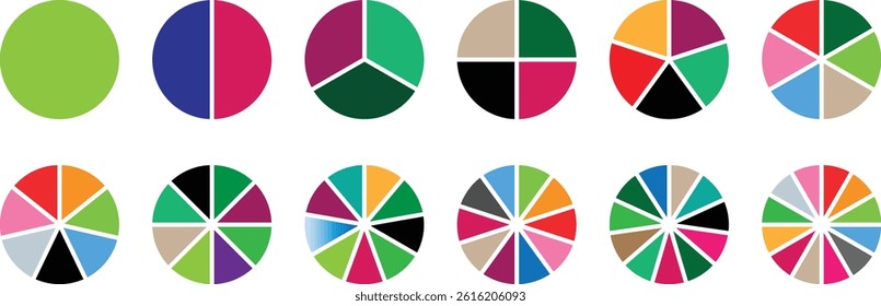 Pie chart, Set of infographic circle chart. Color pizza or donut round diagram.  data analysis, web design, ui or presentation. Colorful pie chart collection with 3,4,5,6 and 7,8 sections or steps.