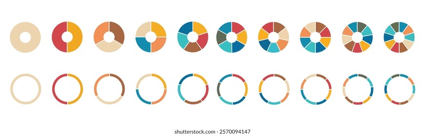 Pie chart set. Pie chart infographic icon set. Pie chart divided 1,2,3,4,5,6,7,8,9,10,equal parts. Infographic wheel segment and fraction. Vector illustration isolated on white background.