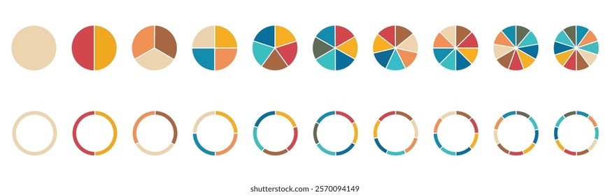 Pie chart set. Pie chart infographic icon set. Pie chart divided 1,2,3,4,5,6,7,8,9,10,equal parts. Infographic wheel segment and fraction. Vector illustration isolated on white background.