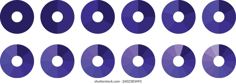 Pie chart set. Pie chart infographic icon set. Circle pie chart diagram. 2,3,4,5,6,7,8,9,10,11,12 sections or steps. Collection of colorful diagrams