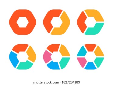 Pie chart set. Modern diagram graph with 1,2,3,4,5,6 steps or parts. Infographic template for business presentation. Vector illustration.