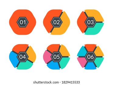 Pie chart set. Modern diagram graph with 1,2,3,4,5,6 steps or parts. Infographic template for business presentation. Vector illustration.