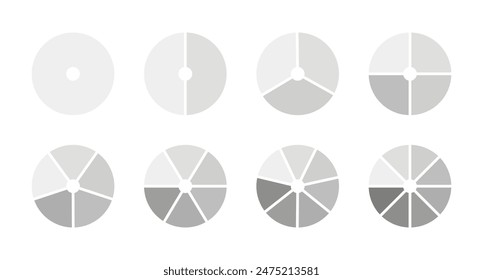 Pie chart set. Monochrome diagram with 1, 2, 3, 4, 5, 6, 7, 8 equal sections, steps. Circle icons for UI, web design, business presentation, infographic, statistic, analytics. Graphic illustration.