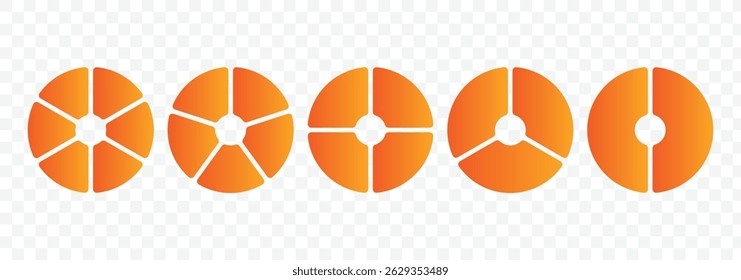 Gráfico de pizza definido em plano de fundo branco. Coleção de diagramas coloridos com 2,3,4,5,6 seções ou etapas. Conjunto de chat da apresentação. Ícones circulares para infográfico, IU, web design. Ilustrador de vetor.
