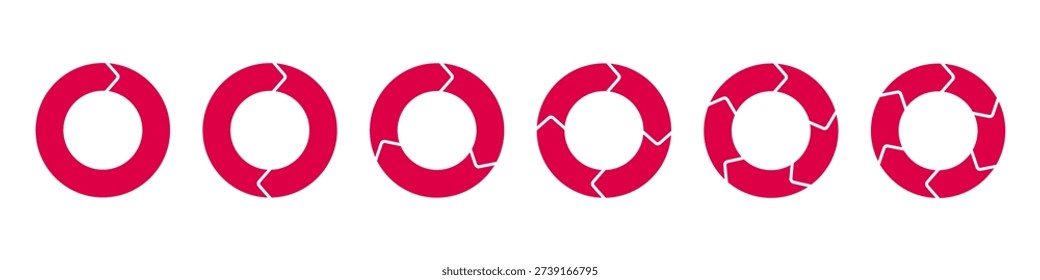 Pie chart set, rotation round cycle process, recyclable sign, recycling icons, segmented circle icons, circle diagram with sections or parts