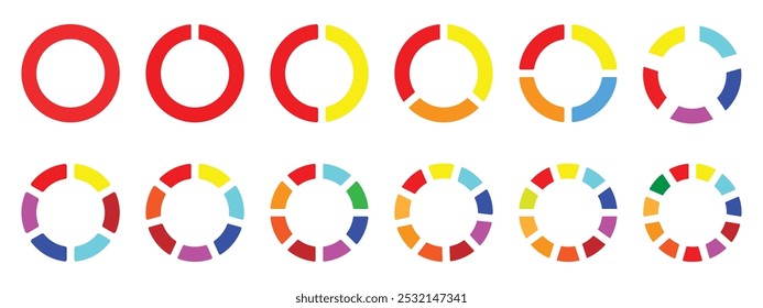 Gráfico de pizza definido. Diferentes círculos de cor isolados. Forma redonda do elemento infográfico. Diferentes círculos de cor isolados. Forma redonda do elemento infográfico. Ilustração vetorial.