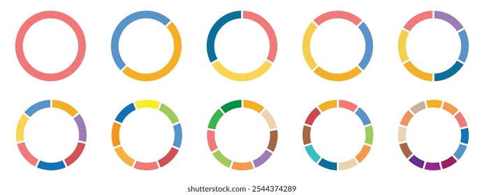 Conjunto de gráfico circular, iconos de círculo segmentado, diagrama de círculo. Diagrama circular dividido Diagrama circular colección. Diagrama redondo de la pizza o de la rosquilla del color. Infografía de segmentos de rueda o partes de secciones.