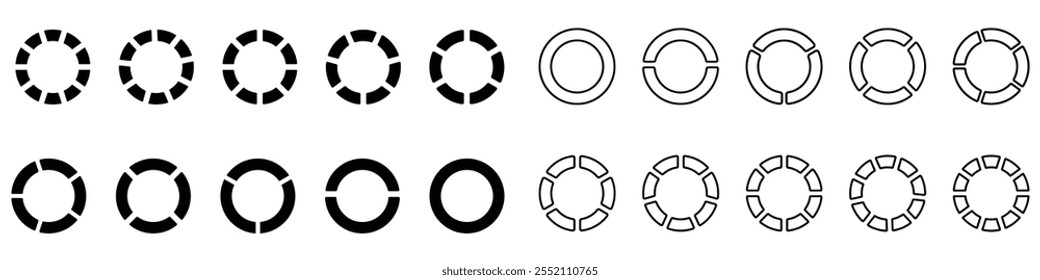 Pie chart set, segmented circle icons, circle diagram with sections or parts - vector. Circle divided diagram set. Graph icon pie shape section chart. 1, 2, 3, 10, 7, 8, graph icon pie shape section.