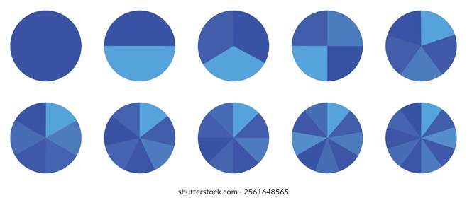 Pie chart set, segmented circle icons, circle diagram with sections or parts, vector. Pie chart infographic set. Circle diagram collection with sections or part. Segmented circle icons for infographic