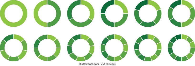 Pie chart set, segmented circle icons, circle diagram with sections or parts. Set of infographic circle chart, pies segmented with equal parts. Circle section graph. Wheels divided in 12 sections