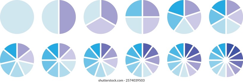 Pie chart set, segmented circle icons, circle diagram. Pie chart divided 1,2,3,4,5,6,7,8,9,10,11,12 equal parts. Infographic wheel segment or section parts. Pie charts diagrams. Different color circle