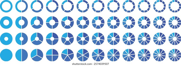 Pie chart set, segmented circle icons, circle diagram. Pie chart divided 1,2,3,4,5,6 equal parts. Pie charts diagrams. Infographic wheel segment or sections parts. Circle division vector infographics