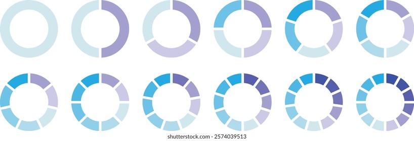 Pie chart set, segmented circle icons, circle diagram. Pie chart divided 1,2,3,4,5,6,7,8,9,10,11,12 equal parts. Pie charts diagrams. Different color circle. Infographic wheel segment or section parts