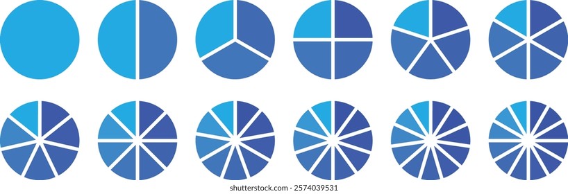 Pie chart set, segmented circle icons, circle diagram. Infographic wheel segment or sections parts. Circle division vector infographics. Pie chart divided 1,2,3,4,5,6 equal parts. Pie charts diagrams