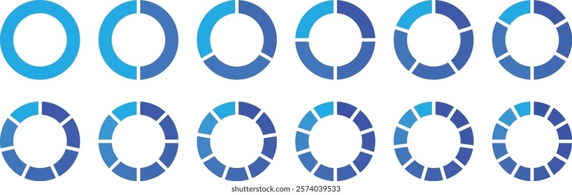 Pie chart set, segmented circle icons, circle diagram. Pie chart divided 1,2,3,4,5,6 equal parts. Pie charts diagrams. Circle division vector infographics. Infographic wheel segment or sections parts