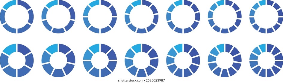 Pie chart set, segmented circle icons. Pie chart divided 2,3,4,5,6 equal parts. Infographic wheel segment or sections parts. Circle section graph. Infographic element round shape. Vector illustration