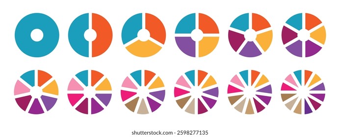 Pie chart set, segmented circle icons, circle diagram. Pie chart divided Circle diagram collection. Color pizza or donut round diagram. Infographic wheel segment or sections parts.