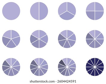 Pie chart set, segmented circle icons with circle diagram. Pie chart divided Circle diagram collection.  Pie chart infographic. Business chart design. Segmented pie graph. Vector illustration