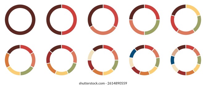 Pie chart set, segmented circle icons with circle diagram. Pie chart divided Circle diagram collection. Color pizza or donut round diagram. Infographic wheel segment or sections parts. Vector-eps 10