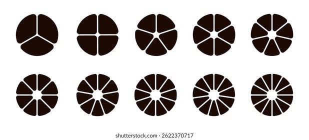 Conjunto de gráficos de pizza, ícones de círculo segmentado, ícone infográfico de divisão de círculo, partes iguais divididas de gráfico de pizza, segmento e fração de roda infográfico, roda de porcentagem, diagrama de círculo com seções ou partes