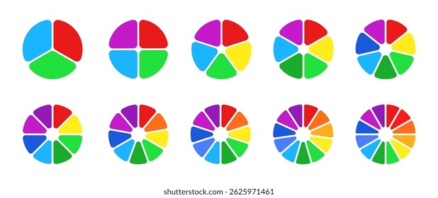 Pie chart set, segmented circle icons, color infographic flower round diagram, pie chart divided equal parts, infographic wheel segment and fraction, percentage wheel, circle with sections or parts