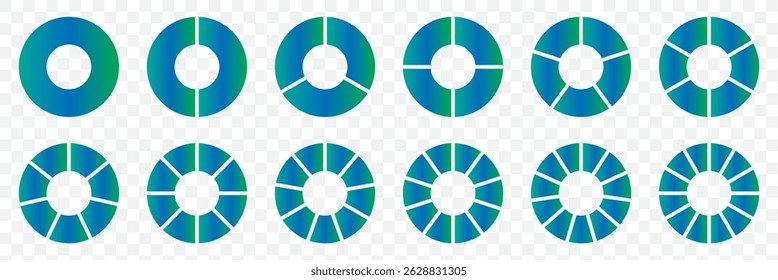 Pie chart set, segmented circle icons, circle diagram with sections or parts - vector on Transparent Background. EPS 10.
