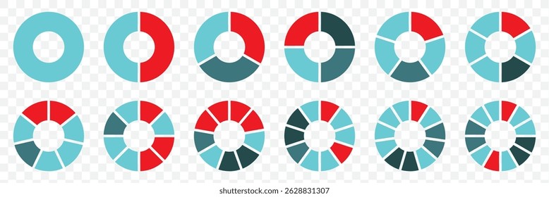Pie chart set, segmented circle icons, circle diagram with sections or parts - vector on Transparent Background. EPS 10.
