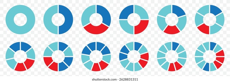 Pie chart set, segmented circle icons, circle diagram with sections or parts - vector on Transparent Background. EPS 10.